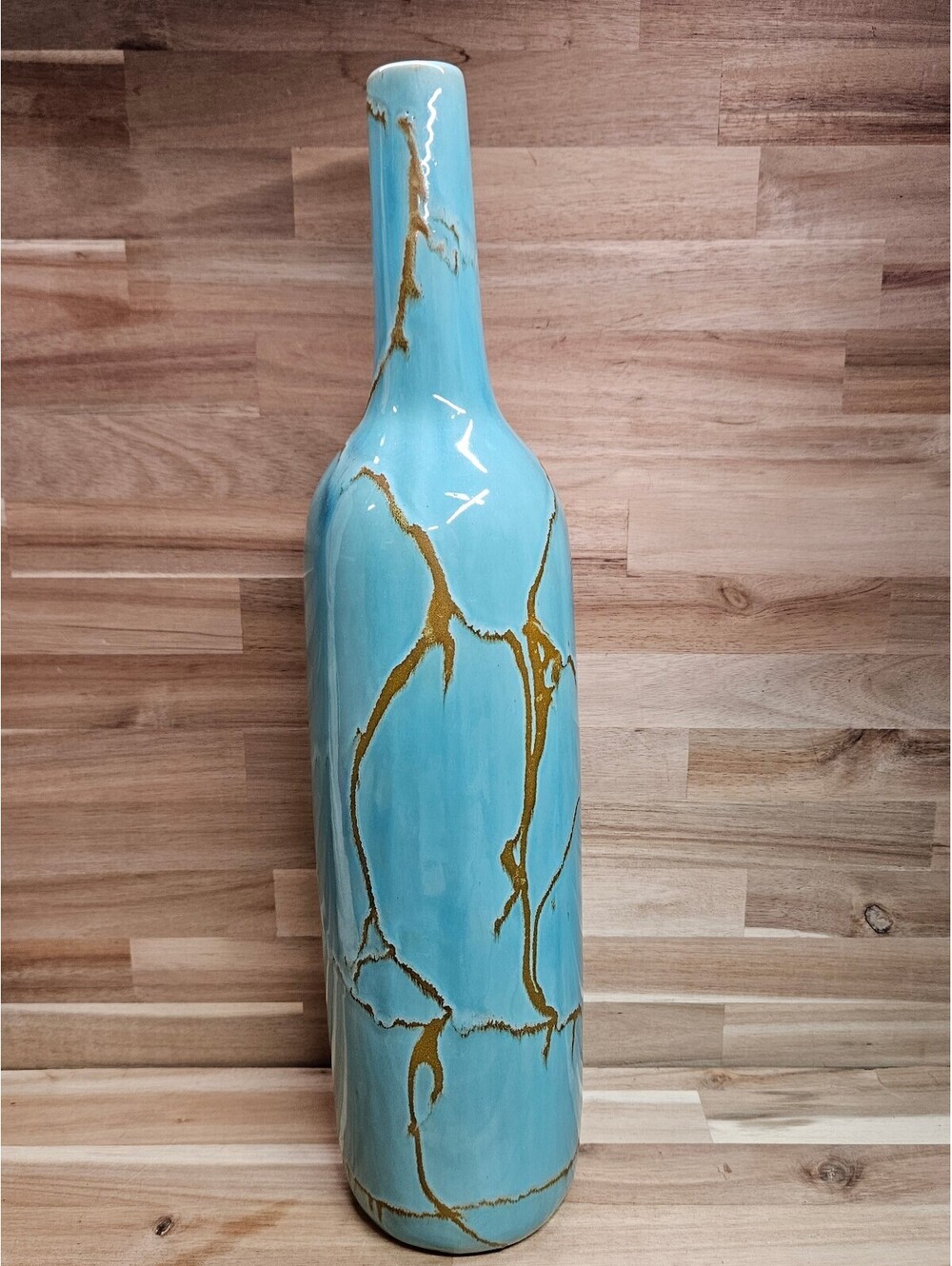 Signed Studio Pottery Tall Bottle Vase Turquoise Blue Gold Crackle Glaze 18"